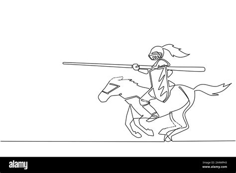 Continuous One Line Drawing Medieval Knight Tournament Cartoon