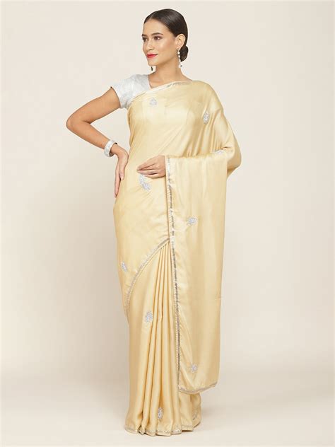 Buy Soch Beige Silver Toned Ethnic Motifs Pure Crepe Saree Sarees