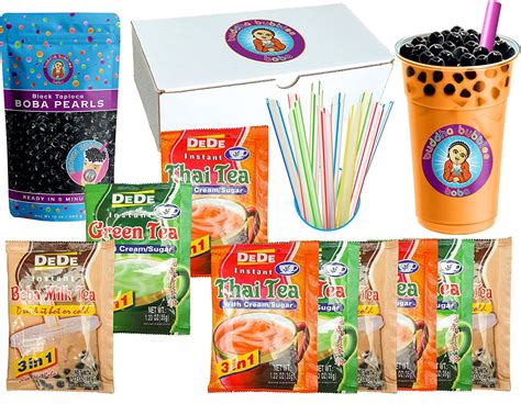 Instant Boba Tea Kit 9 Drink Packets, Straws & Boba Thai, Milk & Green ...