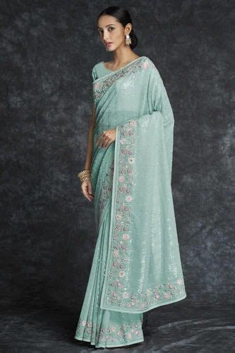 Cyan Color Georgette Embroidered Contemporary Style Saree Plain