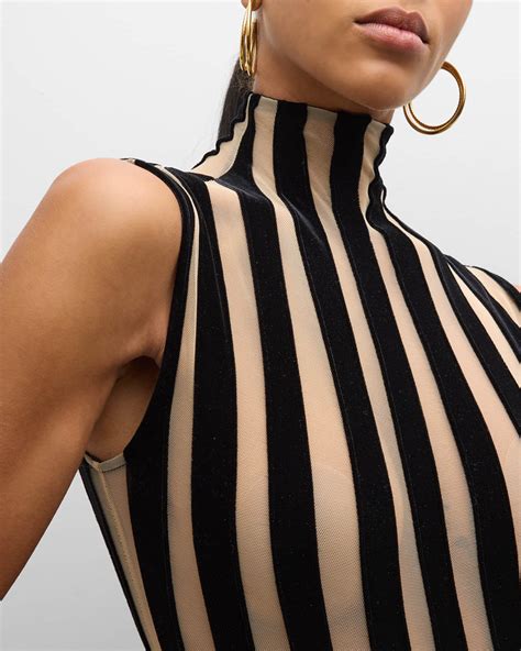 Laquan Smith Mock Neck Sleeveless Velvet Striped Sheer Bodysuit