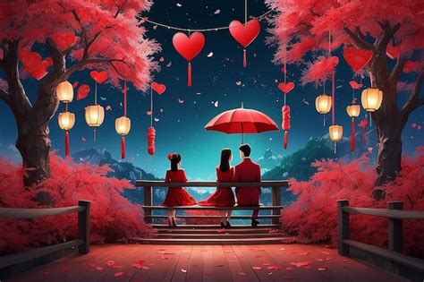 Árvore de Amor Vermelho Romântico Sob o Casal Tanabata Tanabata Poster