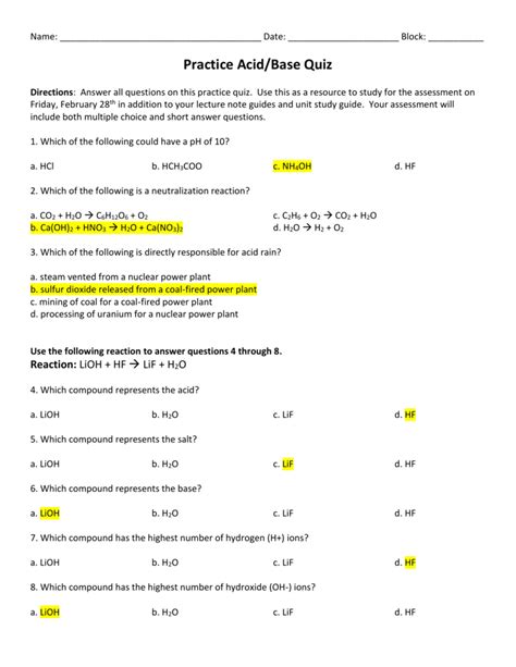 Acid Base Practice Questions Medicine