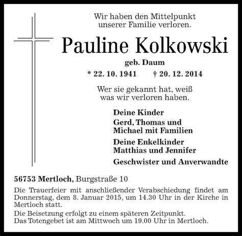 Traueranzeigen Von Pauline Kolkowski Rz Trauer De