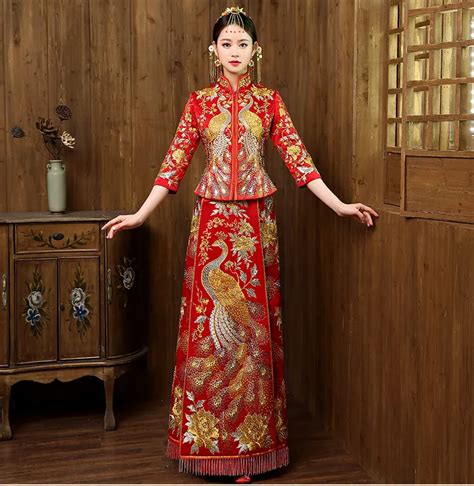 Красное традиционное китайское платье невесты феникс вышивка Cheongsam ...