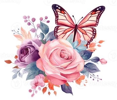 Watercolor Colorful Butterfly And Flower Png