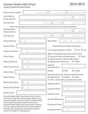 Fillable Online Heightshs Enrollment Packet 2014 2015 Houston Heights