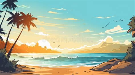 Beautiful Seascape With Palm Trees And Sunset In Vector Art Style Stock