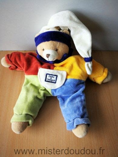 Doudou Ours Doudou Et Compagnie Arlequin Rouge Jaune Vert Bleu Bonnet