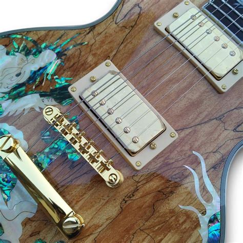 Custom Abalone Dragon Inlay Natural Wood Lp Style Electric Guitar