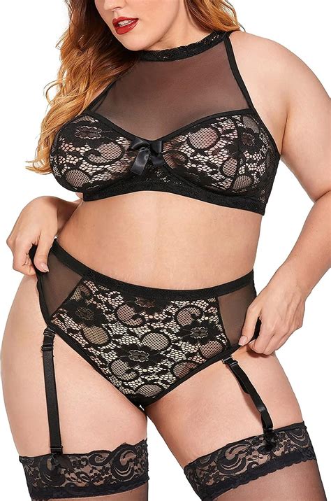 Buy Plus Size Lingerie Set For Women Sexy See Thru Halter Lace Bra High Waist Panty Suspender