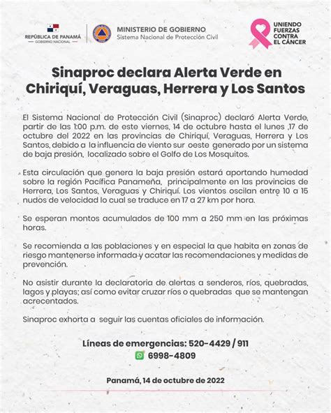 Sinaproc Declara Alerta Verde En Chiriquí Veraguas Herrera Y Los Santos Sinaproc