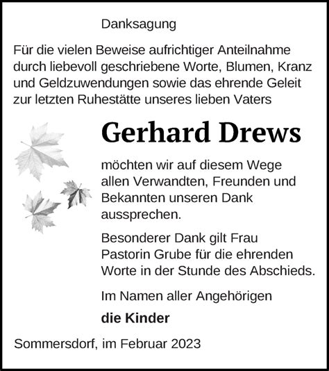 Traueranzeigen Von Gerhard Drews Trauer Nordkurier