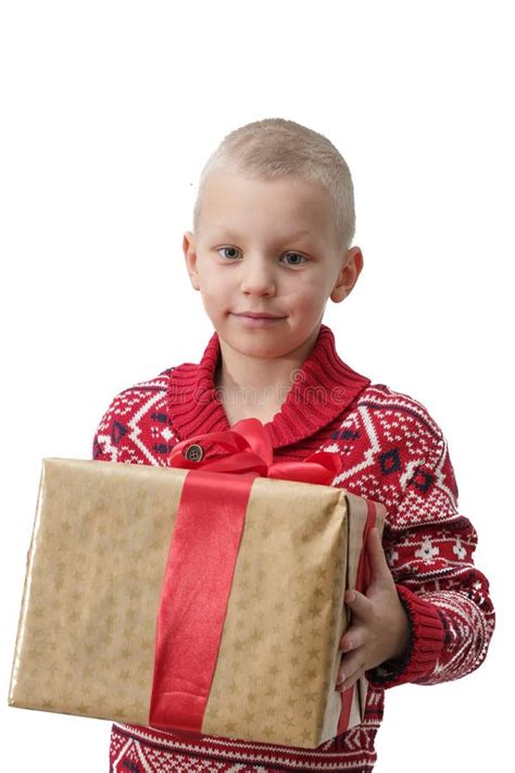 Child Holding Christmas T Box In Hand Boy Isolated On White