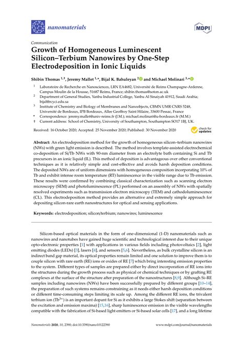 Pdf Growth Of Homogeneous Luminescent Silicon Terbium Nanowires By One Step Electrodeposition