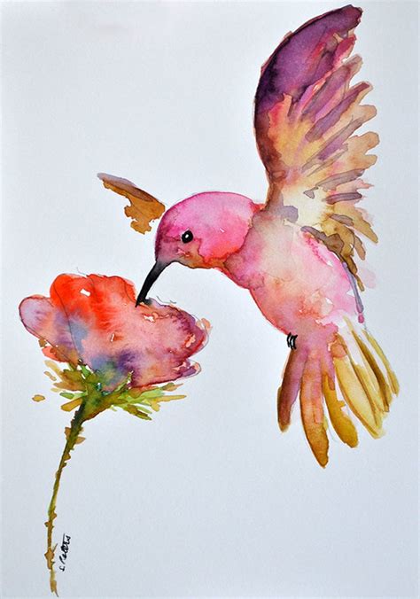 ORIGINAL pintura acuarela Ave Colibrí volando con rosa flor 6 Etsy