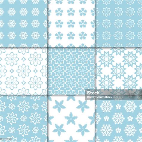 Blue And White Floral Ornaments Collection Of Seamless Patterns Stock