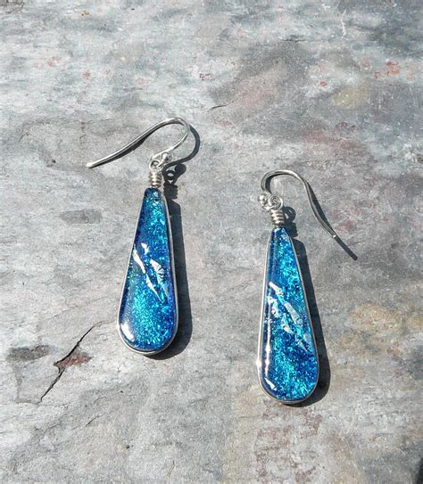 Blue Dichroic Glass Wire Wrapped Earrings Sterling Silver Etsy