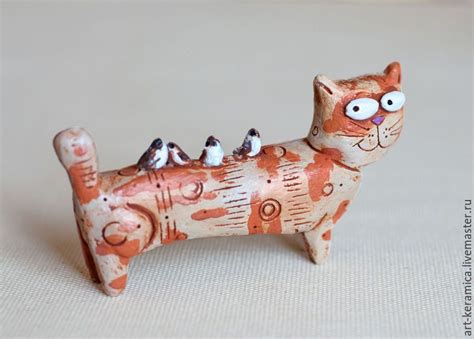 Фигурка кот Михаэль 10 см длина. Рыжий кот из полимерной глины в ...
