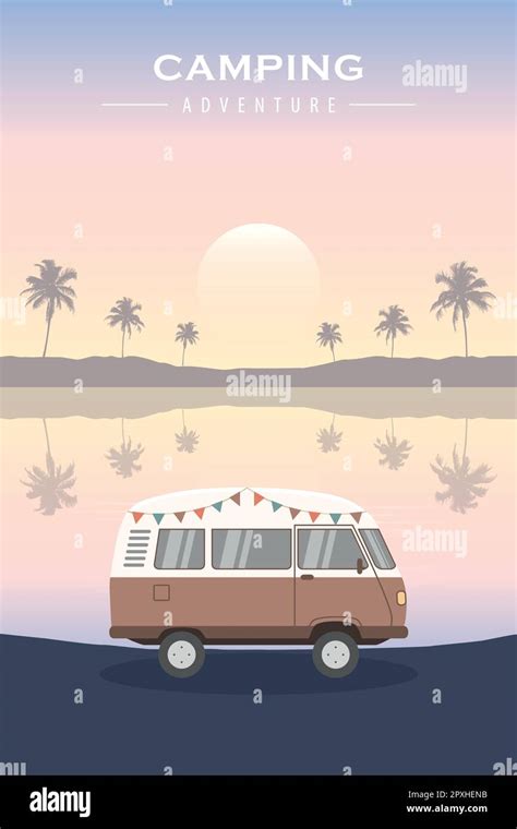 Tropical Camping Adventure Summer Holiday With Camper Van Vector