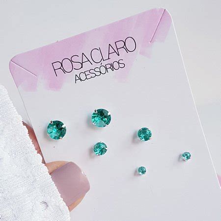 Trio De Brincos Ponto De Luz Zirconias Verde Da Rosa Claro Prata