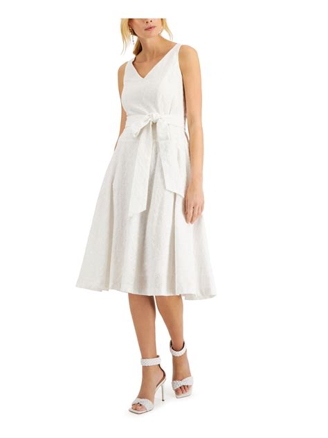 Taylor Womens White Zippered Eyelet Tie Belt Lined Smocked Sleeveless V Neck Below The Knee Fit