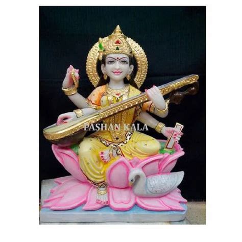 Painted Hindu White Marble Saraswati Mata Statue For Worship Size