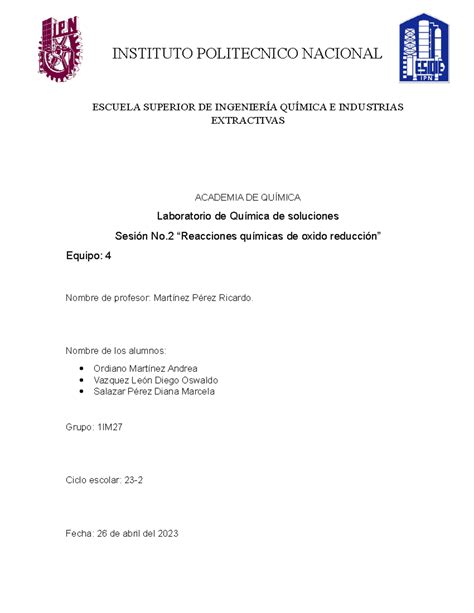 Reporte Sesión 2 Química De Soluciones Instituto Politecnico Nacional