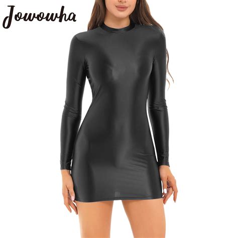 Womens Glossy Bodycon Dress Long Sleeve Mini Pencil Dress Nightwear