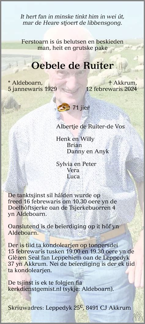 Oebele De Ruiter 12 02 2024 Overlijdensbericht En Condoleances