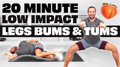 Two Men Doing Exercises With The Words 20 Minute Low Impact Legs Bums And Tums