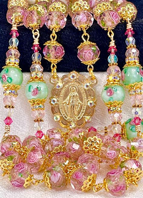 AQUA ROSEBUD ROSARY In Gold Catholic Wedding Lampwork Preciosa