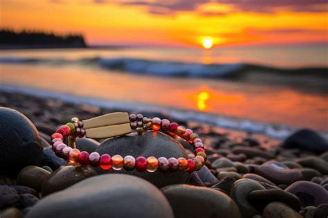 Premium AI Image Beaded Bracelet On A Sandy Beach Stone At Sunset