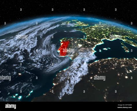 Satellite Night View Of Portugal Highlighted In Red On Planet Earth