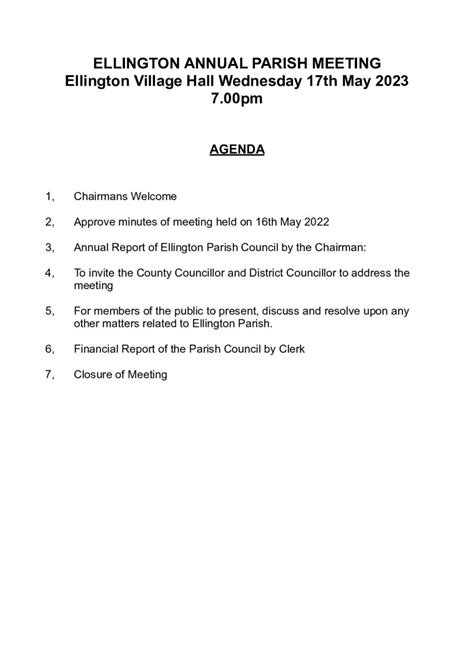 Agenda Annual Parish Meeting 17th May 2023 7 00pm Village Hall