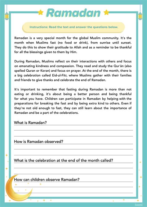 Ramadan Reading Comprehension Worksheet For Teachers Perfect For