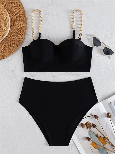 Shein Swim Chicsea Conjunto De Bikini Liso Top Push Up Con Cadena Y