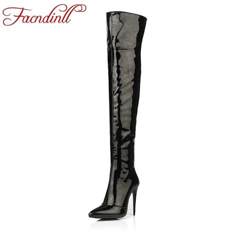 Facndinll High Quality Women Long Boots 2017 New Patent Leather Black