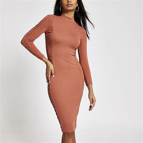 Orange Long Sleeve Ruched Bodycon Dress River Island