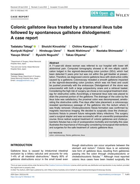 Pdf Colonic Gallstone Ileus Treated By A Transanal Ileus Tube