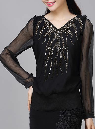 Womens Chiffon Blouse Black Semi Sheer Sleeves