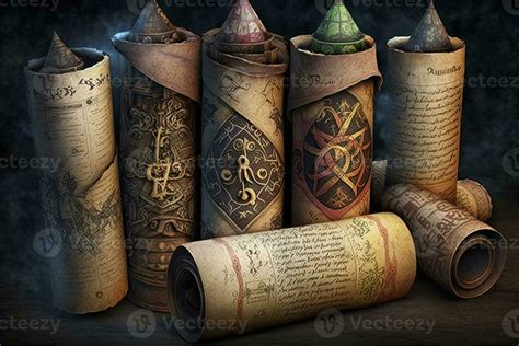 Library of magic. Old scroll Medieval manuscripts library illustration ...