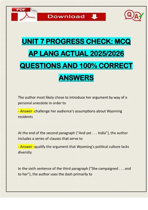 UNIT 7 PROGRESS CHECK: MCQ AP LANG ACTUAL 2025/2026 QUESTIONS AND 100%
