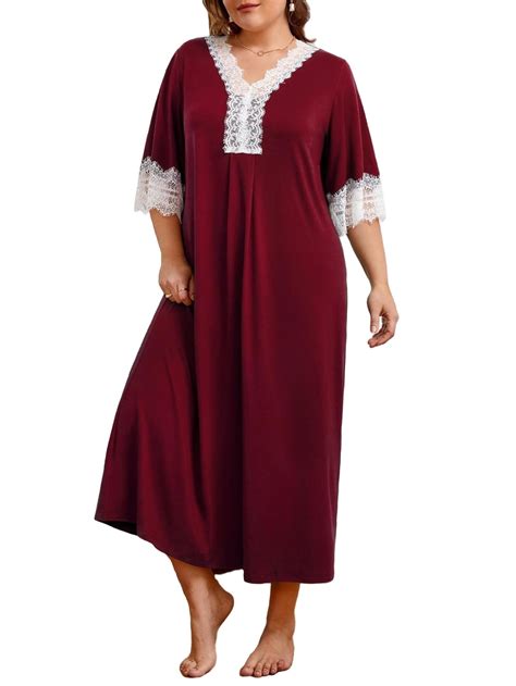 Colorblock V Neck Sleepshirts 34 Sleeve Burgundy Plus Size Nightgowns And Sleepshirts Womens