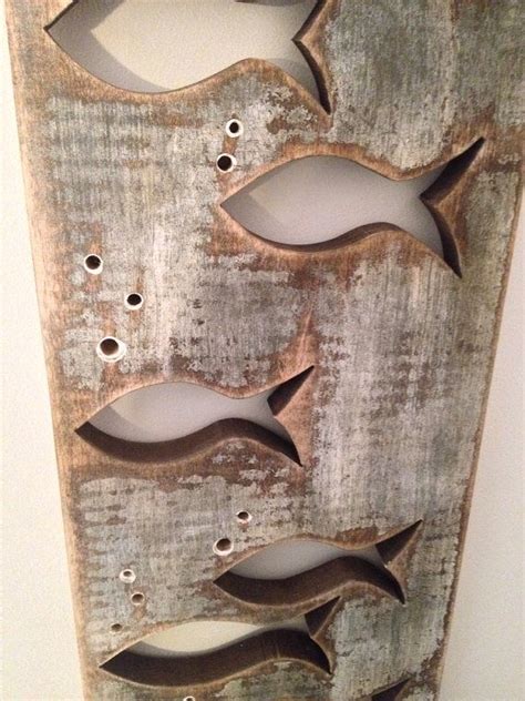 Fish Art Panel Sign Wall Decor Vertical Driftwood Or Sea Glass Colours