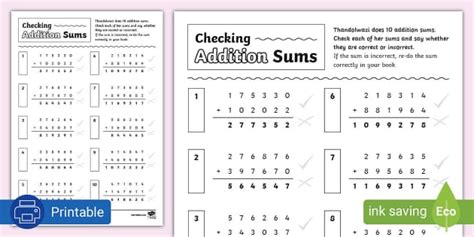 Checking Addition Sums Activity Sheet L Enseignant A Fait