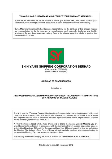 Pdf Shin Yang Shipping Corporation Berhad · This Circular Is