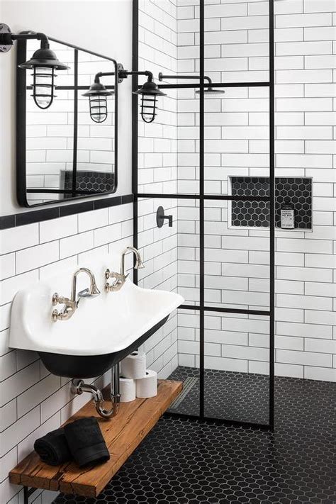 Black Hexagon Tiles In Floor Level Shower Vintage Bathroom