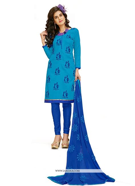 Buy Embroidered Work Blue Cotton Churidar Designer Suit Online New