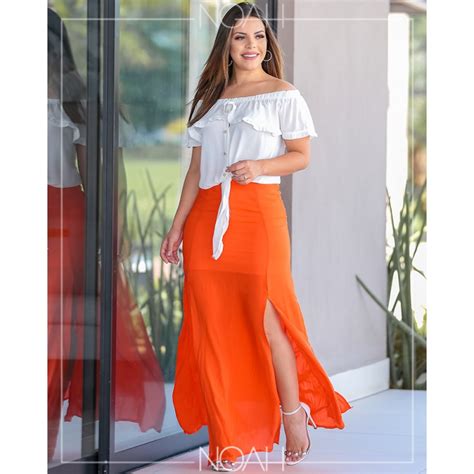 Maura Conjunto Saia Longa Cor Laranja E Blusinha Off White Ciganinha